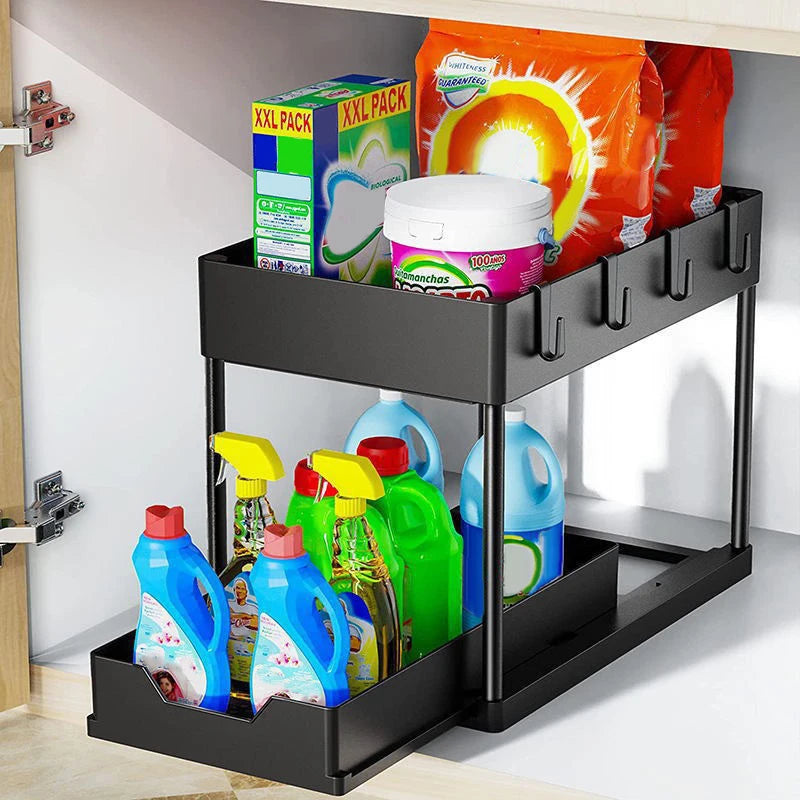 2-Laags schuifmand organizer met haken – Multi-opbergrek voor keuken & badkamer