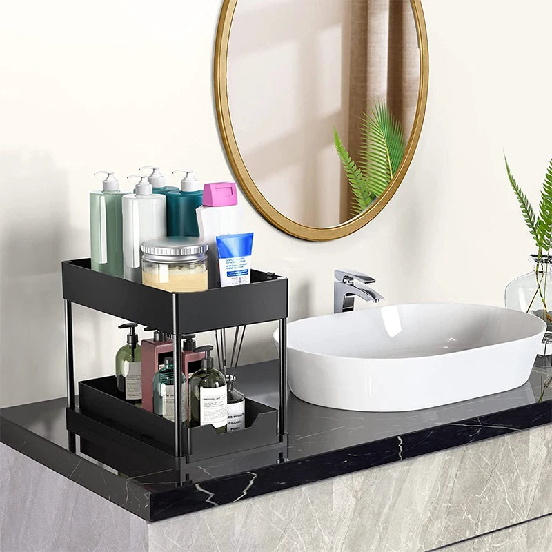 2-Laags schuifmand organizer met haken – Multi-opbergrek voor keuken & badkamer