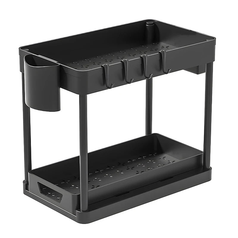 2-Laags schuifmand organizer met haken – Multi-opbergrek voor keuken & badkamer