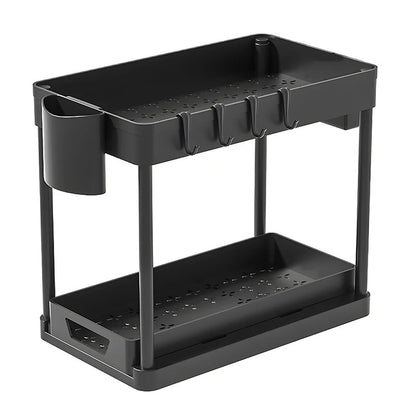2-Laags schuifmand organizer met haken – Multi-opbergrek voor keuken & badkamer