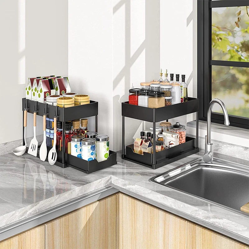 2-Laags schuifmand organizer met haken – Multi-opbergrek voor keuken & badkamer