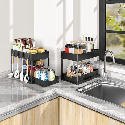 2-Laags schuifmand organizer met haken – Multi-opbergrek voor keuken & badkamer