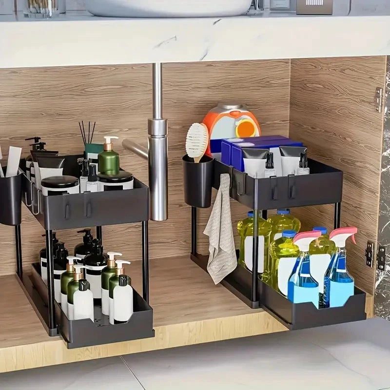 2-Laags schuifmand organizer met haken – Multi-opbergrek voor keuken & badkamer