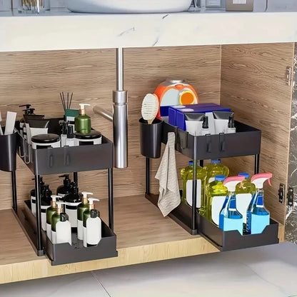 2-Laags schuifmand organizer met haken – Multi-opbergrek voor keuken & badkamer