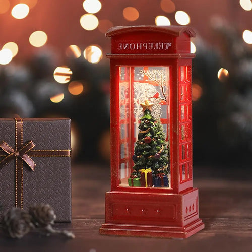 Kerst Sneeuwbol Lantaarn “Phone Booth” met Batterijvoeding – Feestelijke Tafeldecoratie