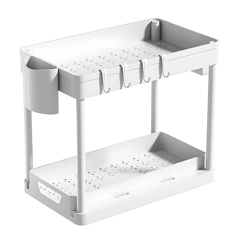 2-Laags schuifmand organizer met haken – Multi-opbergrek voor keuken & badkamer
