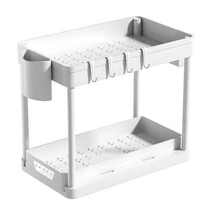 2-Laags schuifmand organizer met haken – Multi-opbergrek voor keuken & badkamer