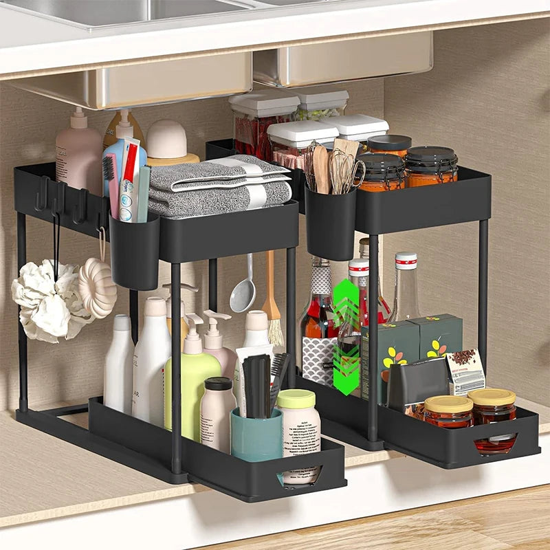2-Laags schuifmand organizer met haken – Multi-opbergrek voor keuken & badkamer