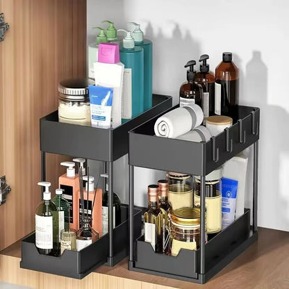2-Laags schuifmand organizer met haken – Multi-opbergrek voor keuken & badkamer